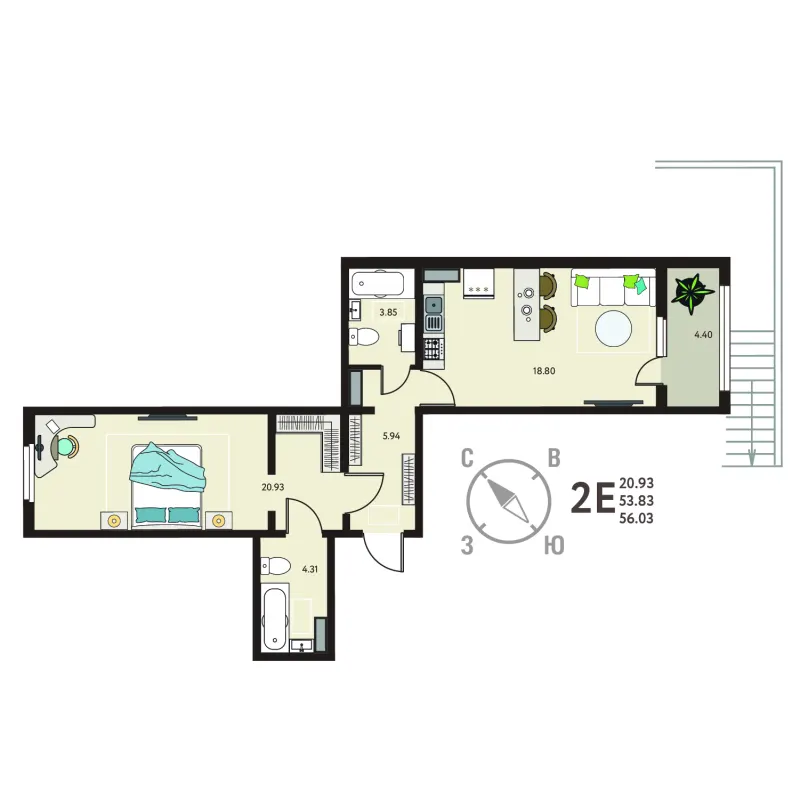 1-комн. 56 м²