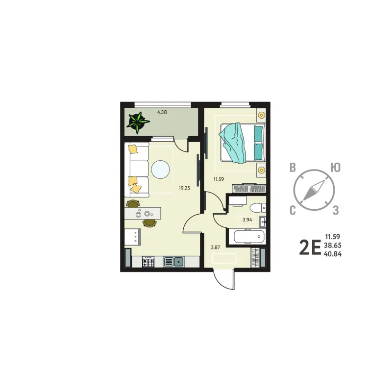 1-комн. 40.8 м²