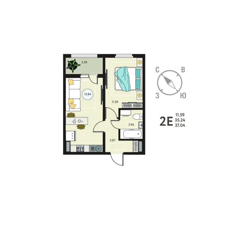 1-комн. 37 м²
