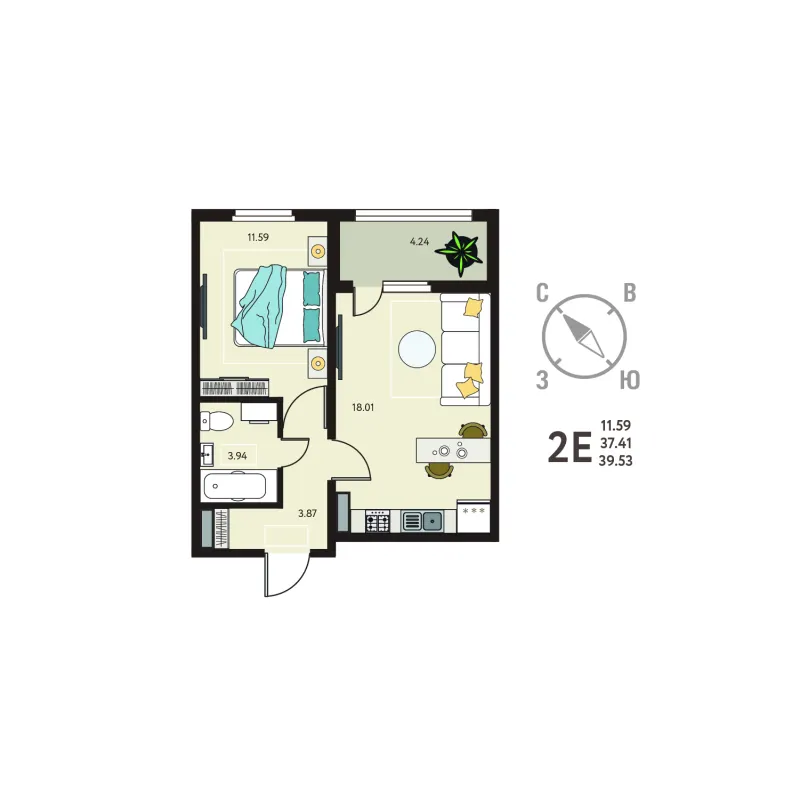 1-комн. 39.5 м²