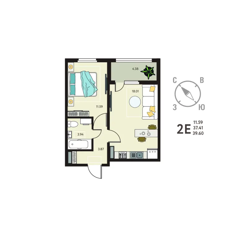 1-комн. 39.6 м²