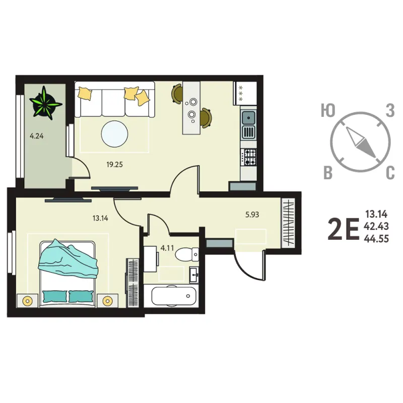 1-комн. 44.6 м²