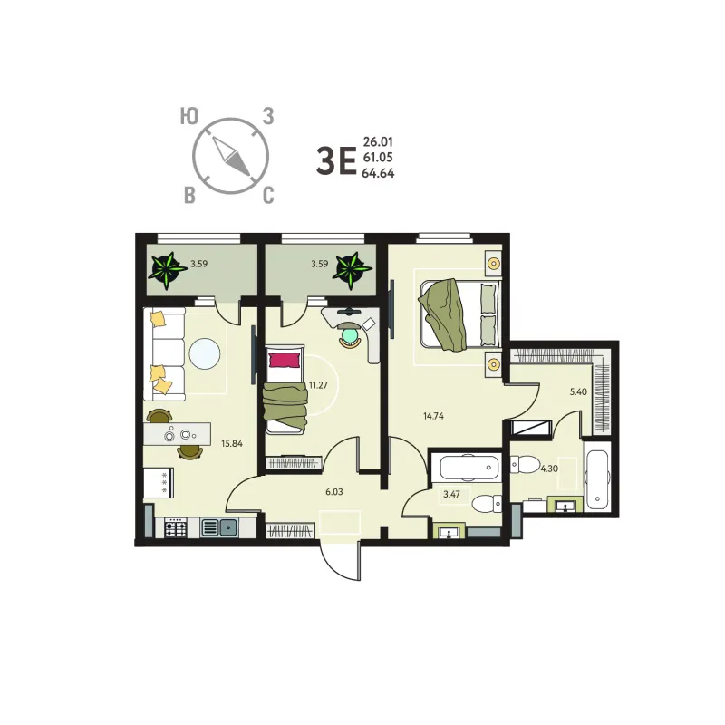 2-комн. 64.6 м²