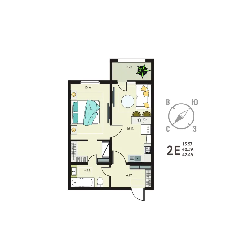 1-комн. 42.5 м²