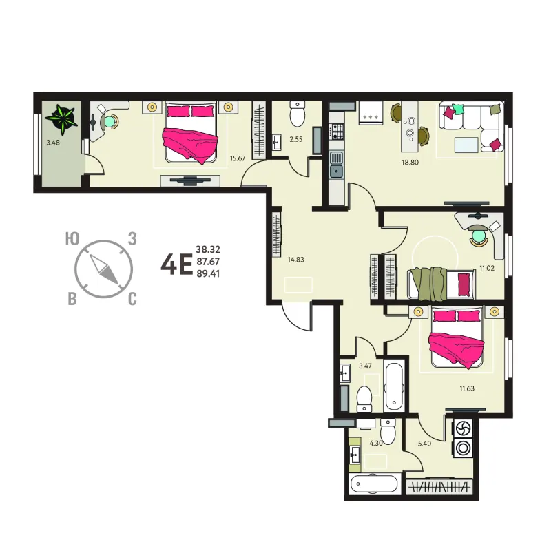 3-комн. 89.4 м²