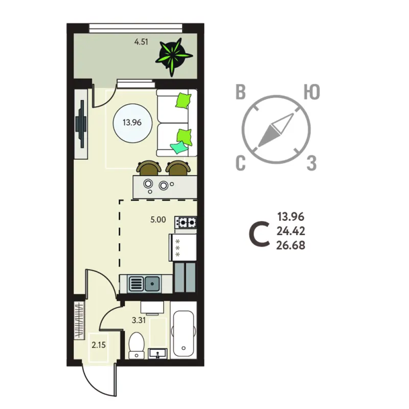 Студия 26.7 м²