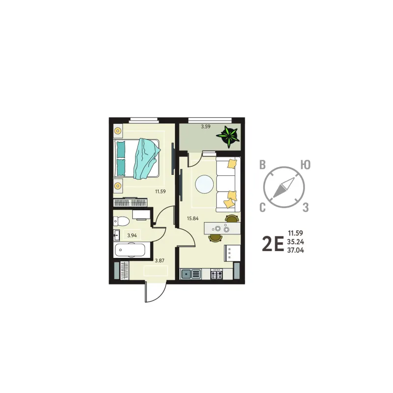 1-комн. 37 м²