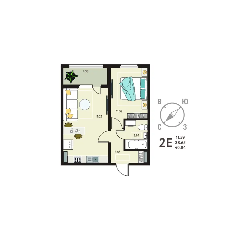 1-комн. 40.8 м²