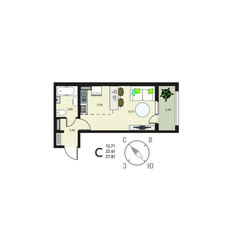 Студия 27.8 м²