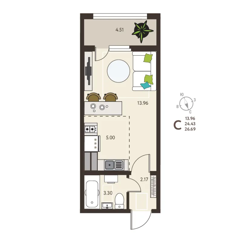 Студия 26.7 м²