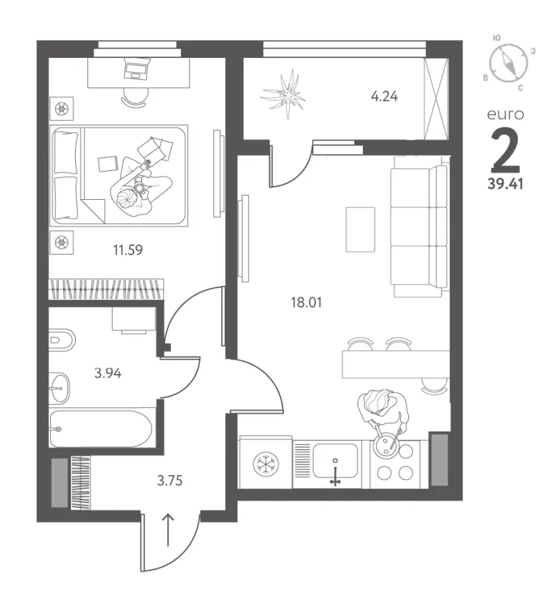 1-комн. 39.4 м²