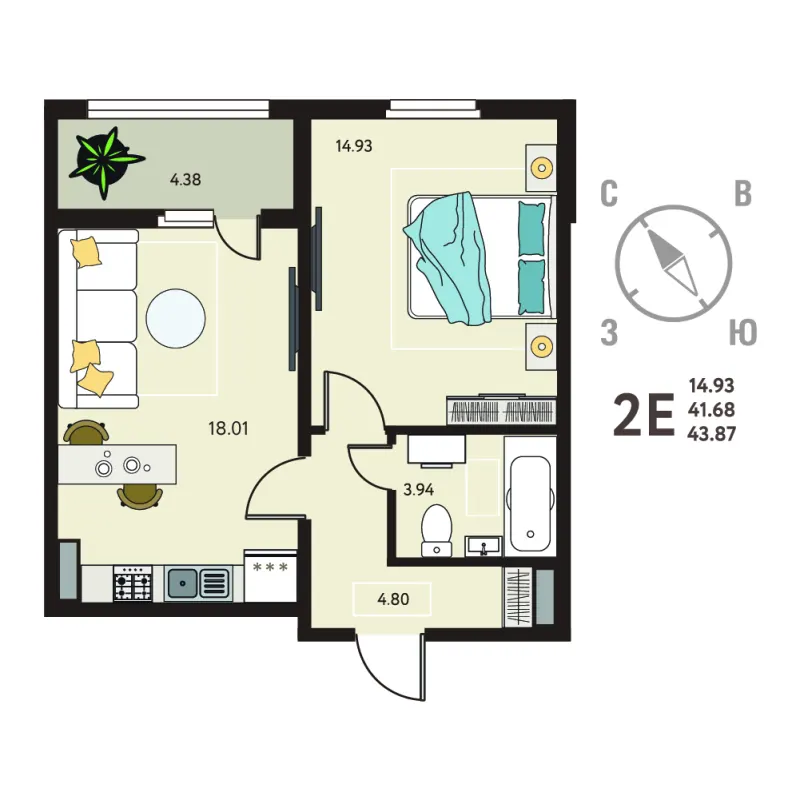 1-комн. 43.9 м²