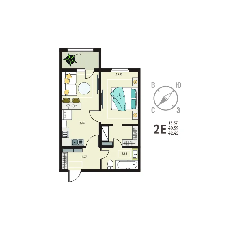 1-комн. 42.5 м²