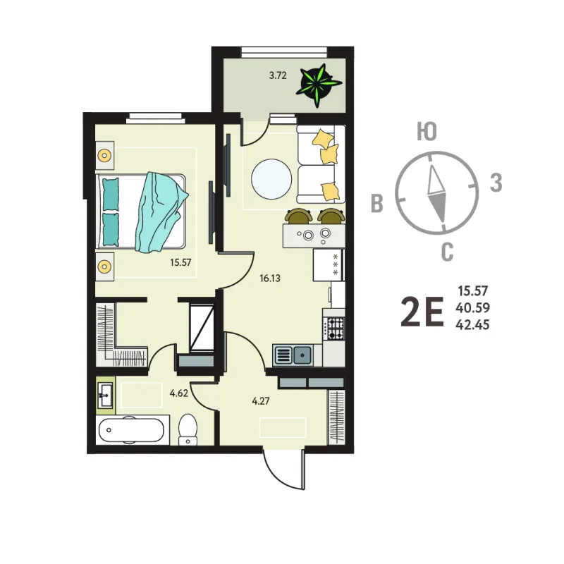 1-комн. 42.5 м²