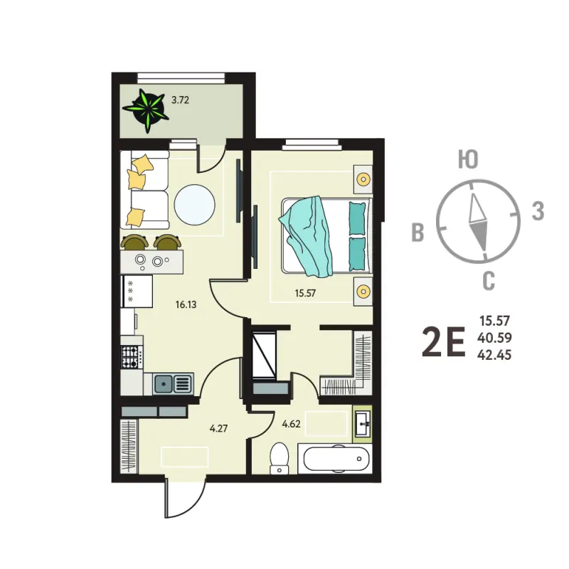 1-комн. 42.5 м²