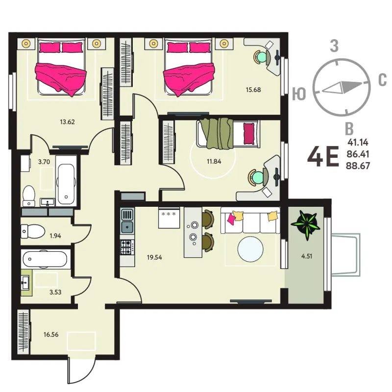 3-комн. 88.7 м²