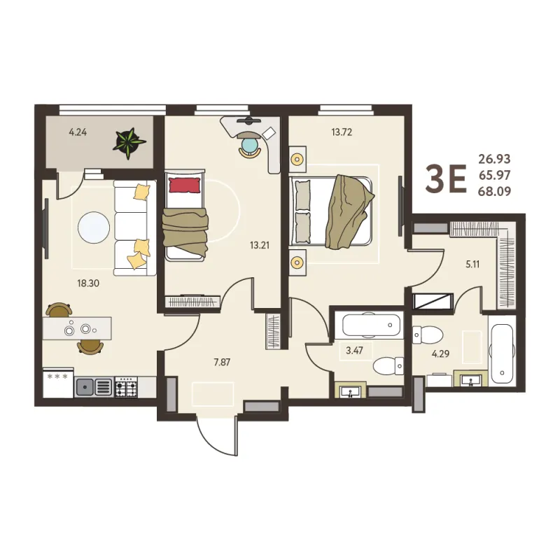 2-комн. 68.1 м²