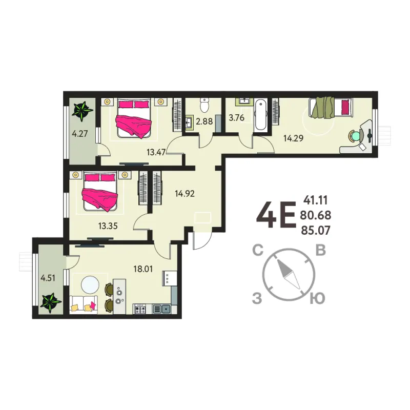 3-комн. 85.1 м²