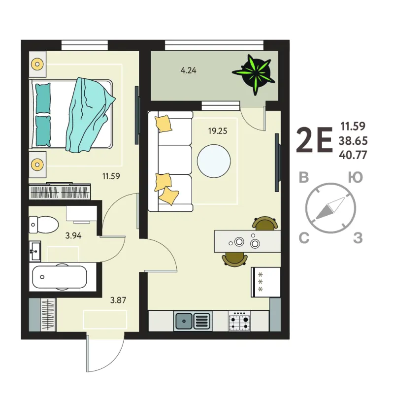 1-комн. 40.8 м²