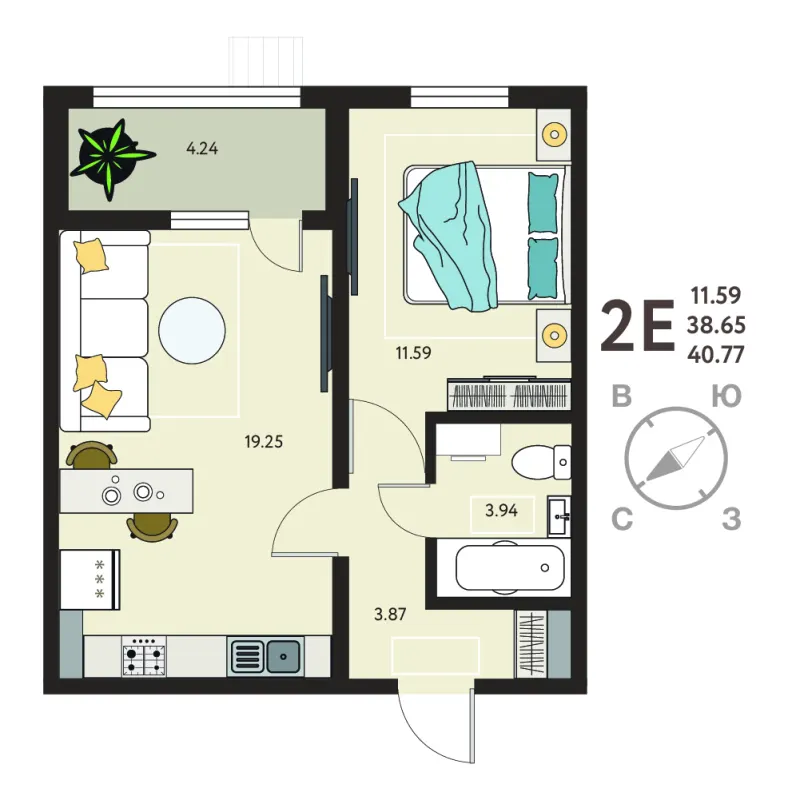 1-комн. 40.8 м²