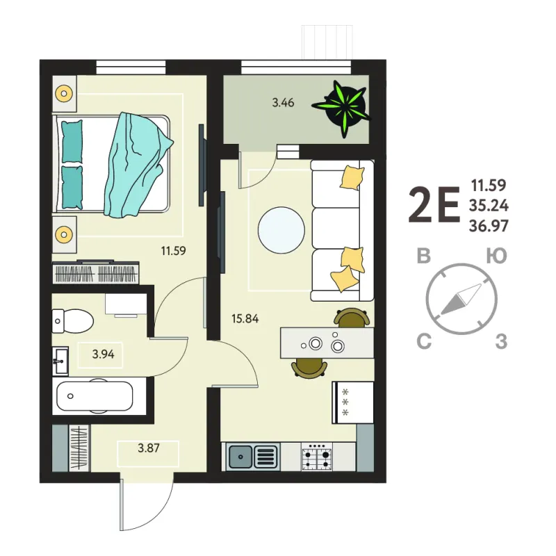 1-комн. 37 м²