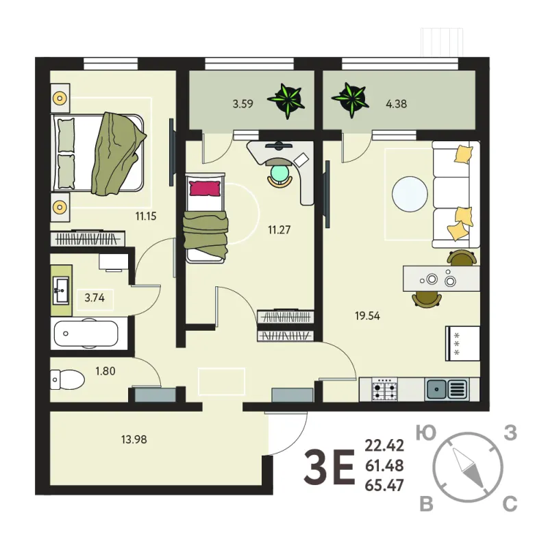 2-комн. 65.5 м²