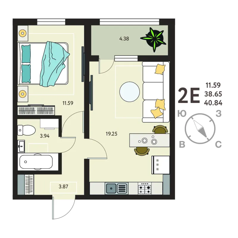 1-комн. 40.8 м²