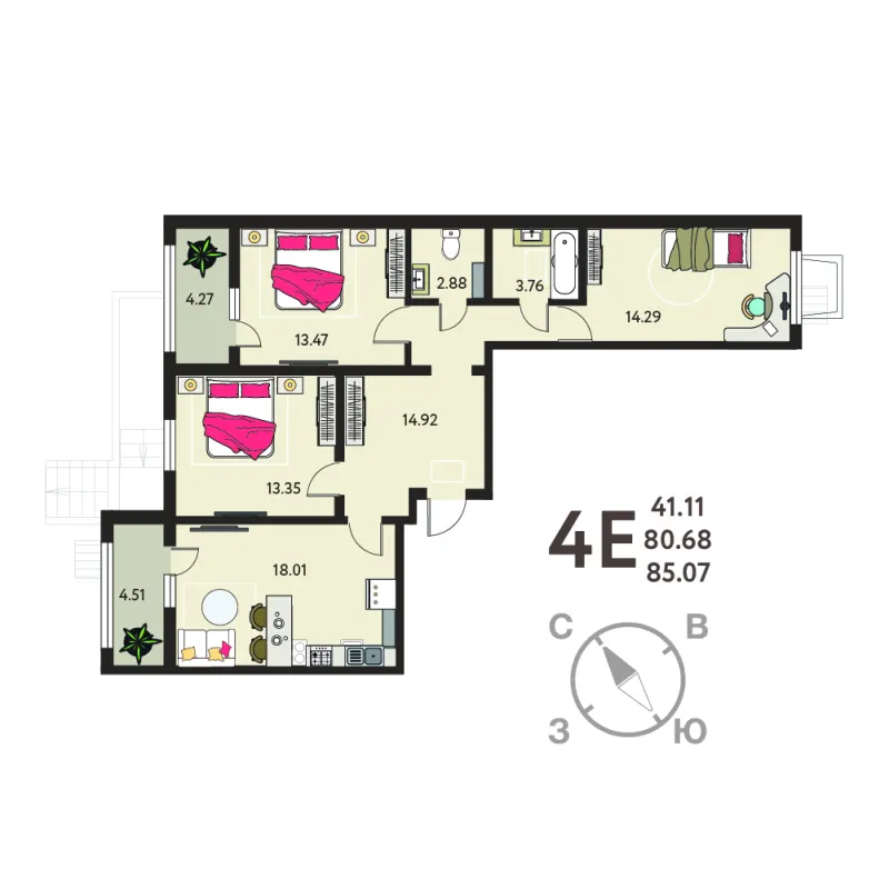 3-комн. 85.1 м²