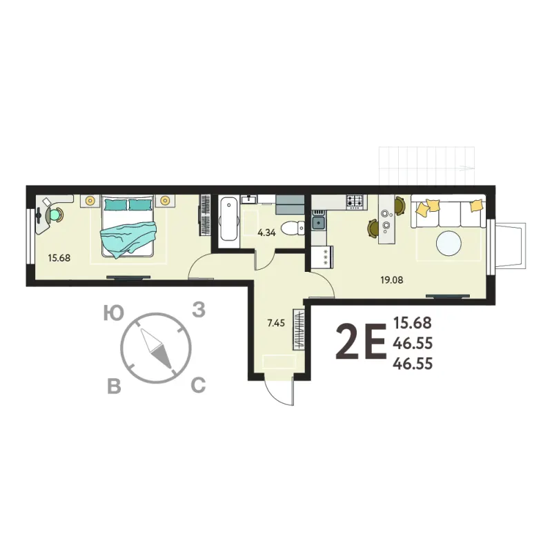 1-комн. 46.6 м²