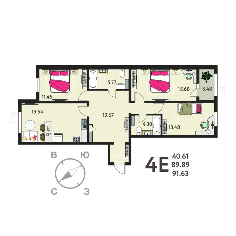 3-комн. 91.6 м²