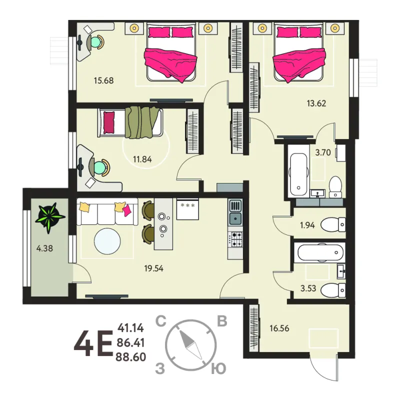 3-комн. 88.6 м²