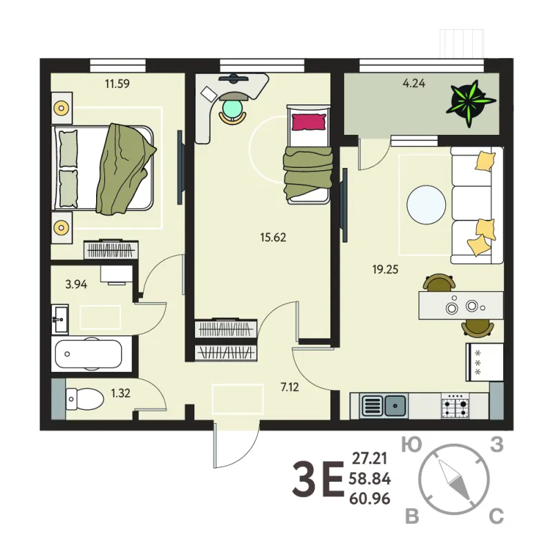 2-комн. 61 м²
