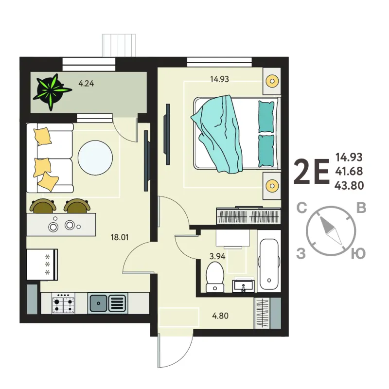 1-комн. 43.8 м²