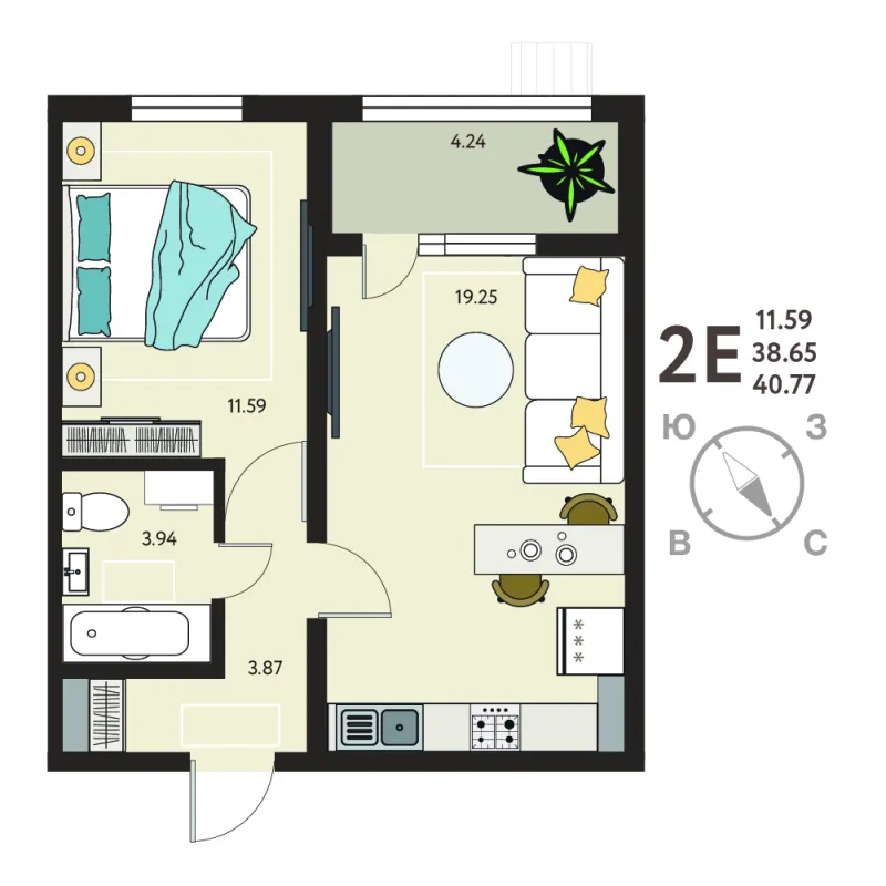 1-комн. 40.8 м²