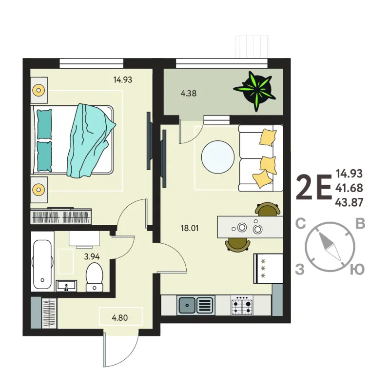 1-комн. 43.9 м²