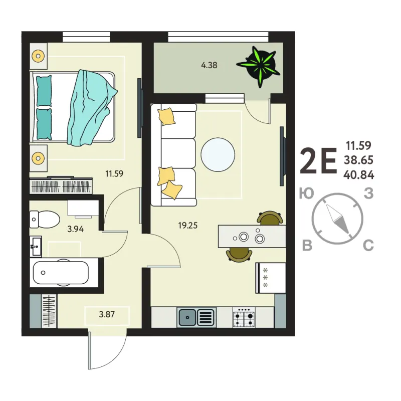 1-комн. 40.8 м²