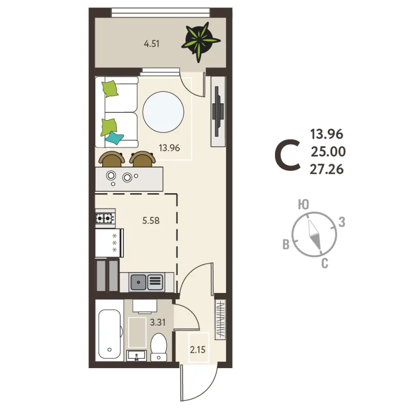 Студия 27.3 м²