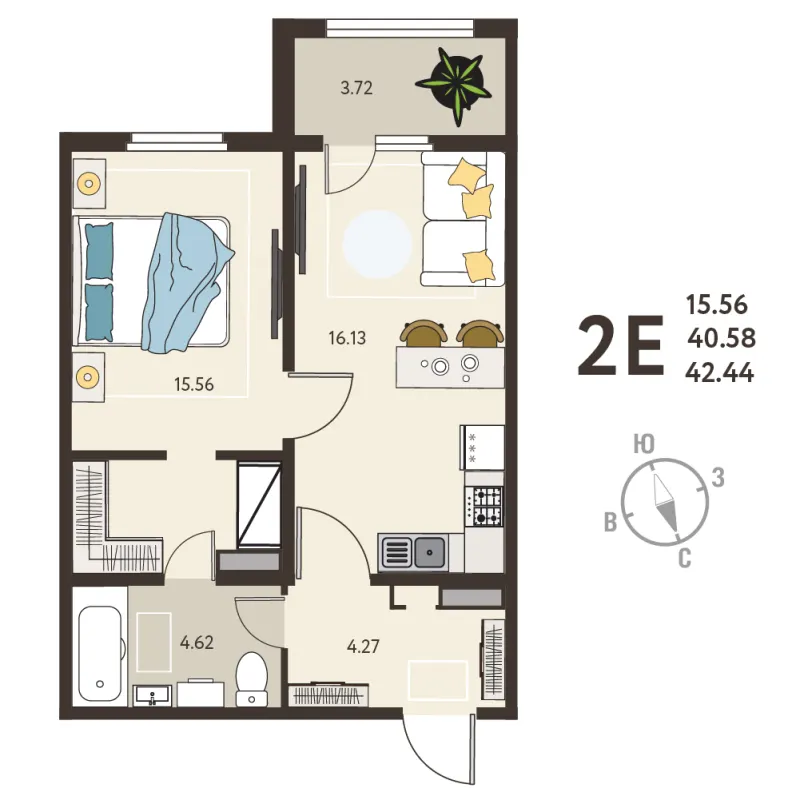 1-комн. 42.4 м²