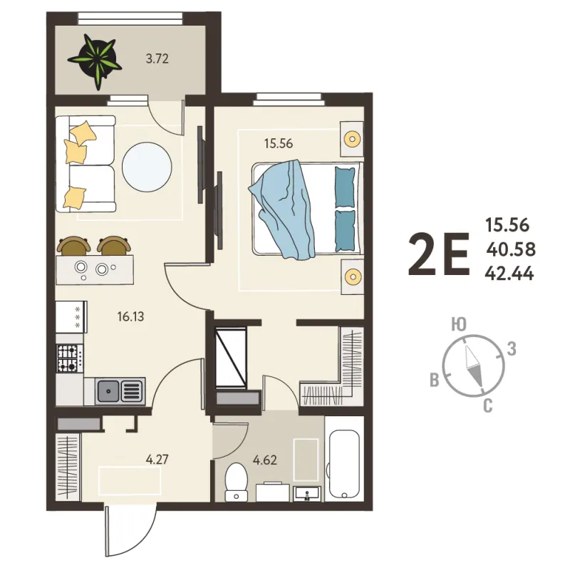 1-комн. 42.4 м²