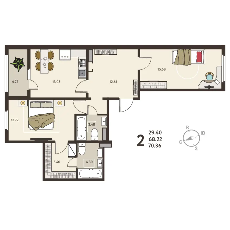 2-комн. 70.4 м²