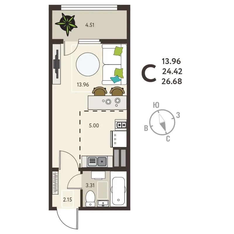 Студия 26.7 м²