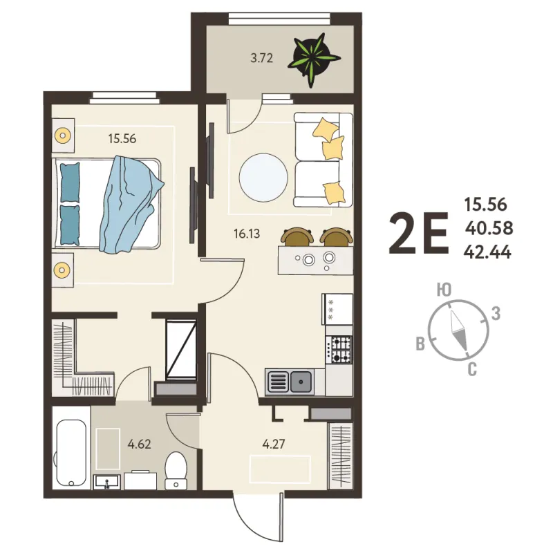 1-комн. 42.4 м²