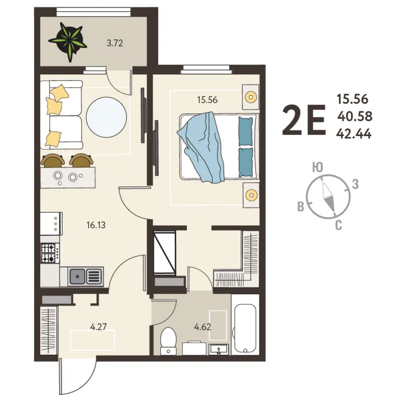 1-комн. 42.4 м²