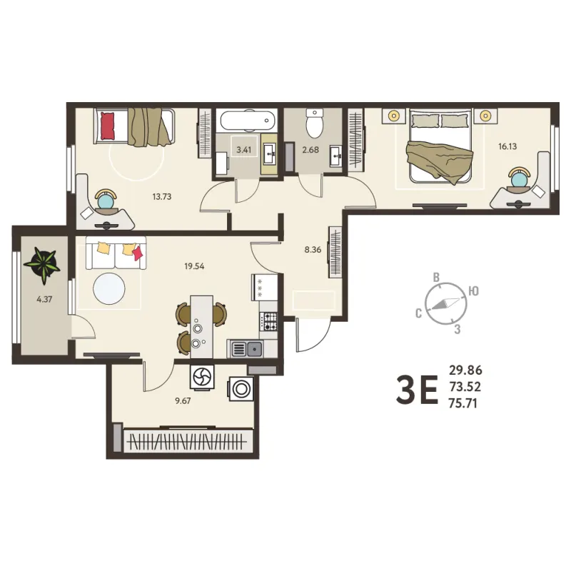 2-комн. 75.7 м²