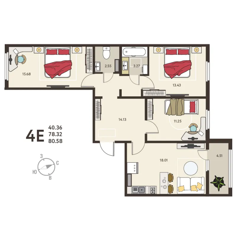 3-комн. 80.6 м²