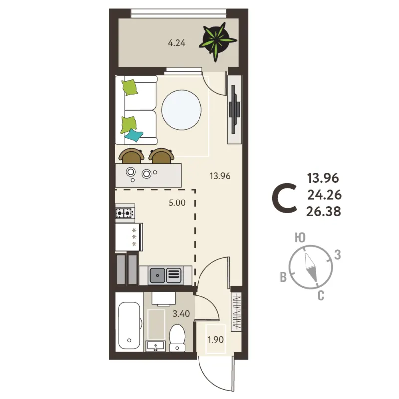 Студия 26.4 м²