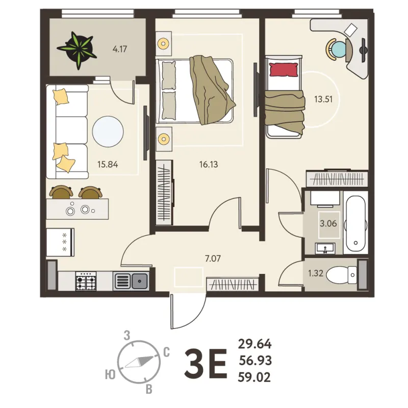 2-комн. 59 м²