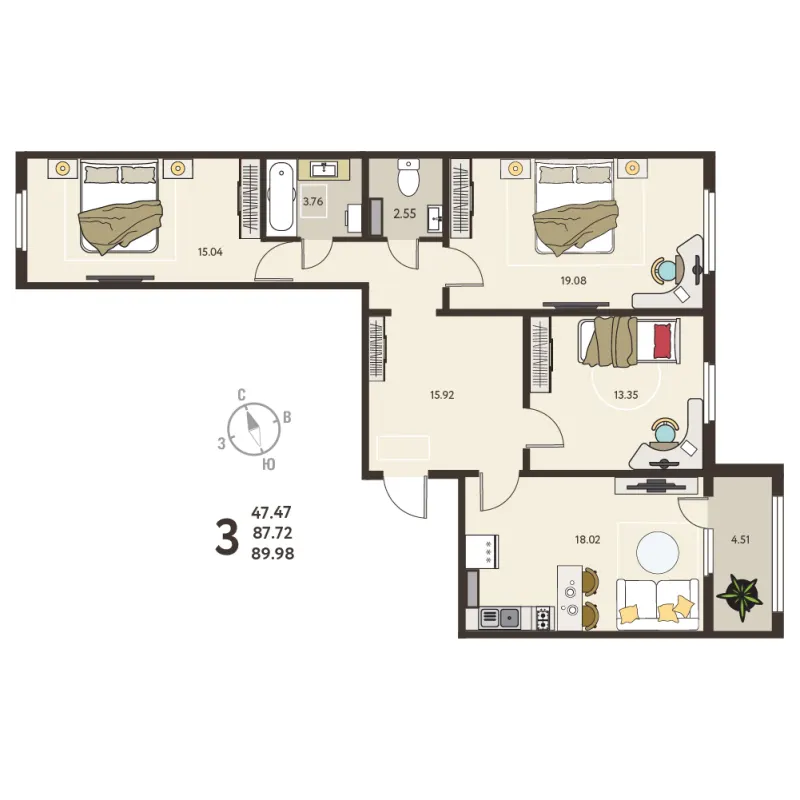 3-комн. 90 м²