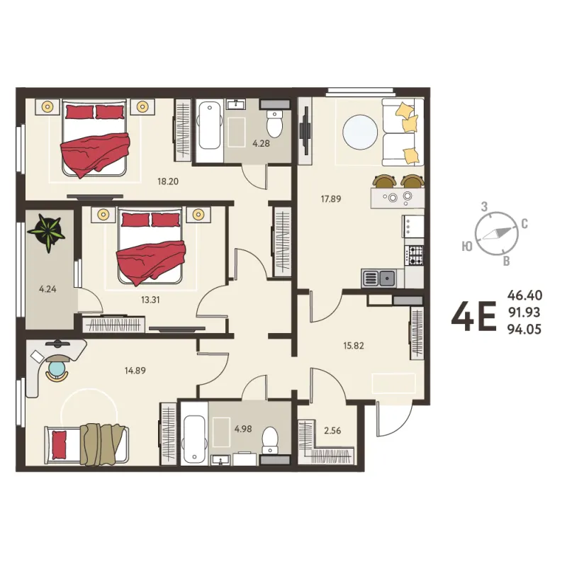 3-комн. 94.1 м²