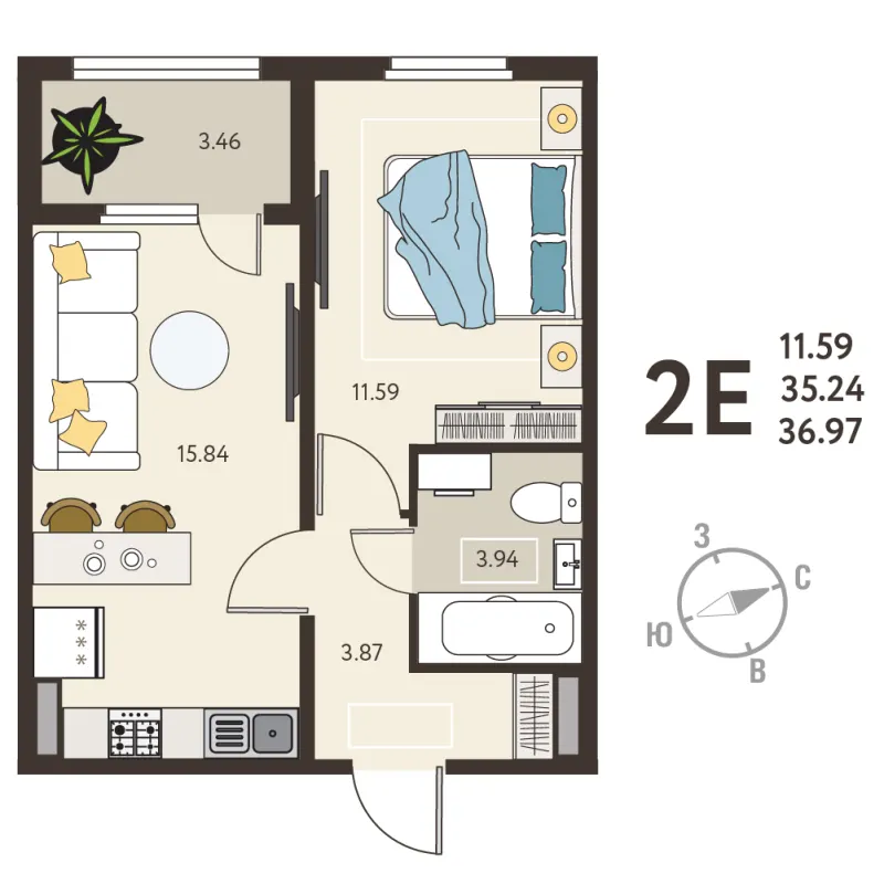 1-комн. 37 м²